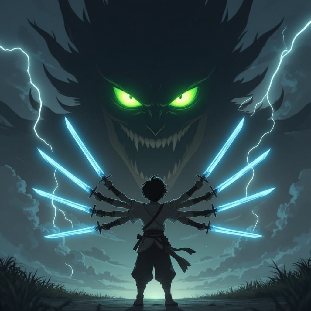 Boy Wielding Eight Swords Against Shadow Monster