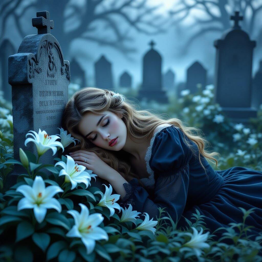 Ethereal Graveyard at Dawn with Golden-Haired Woman