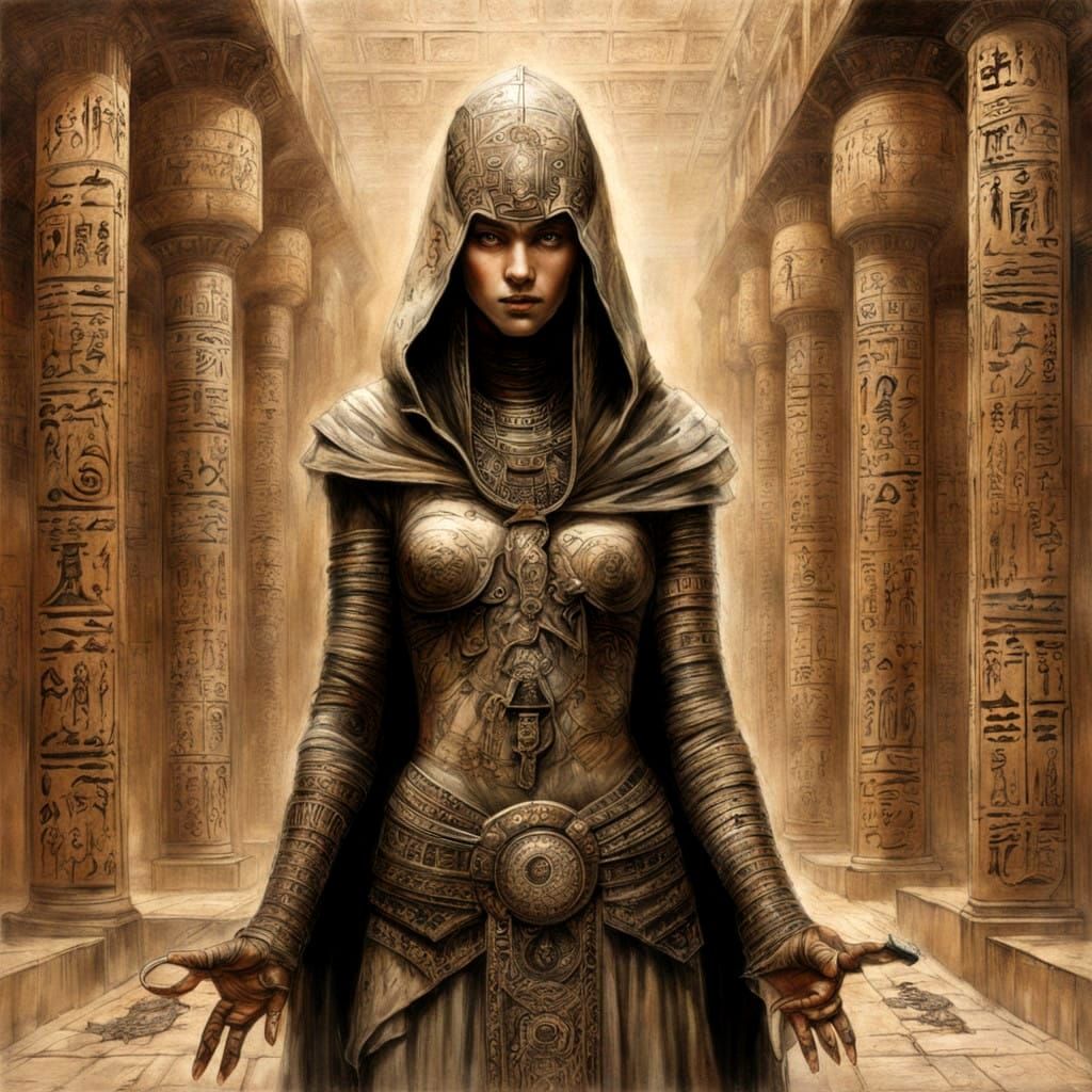 Ancient Egyptian Devotee in Mysterious Hieroglyphic Tattoos