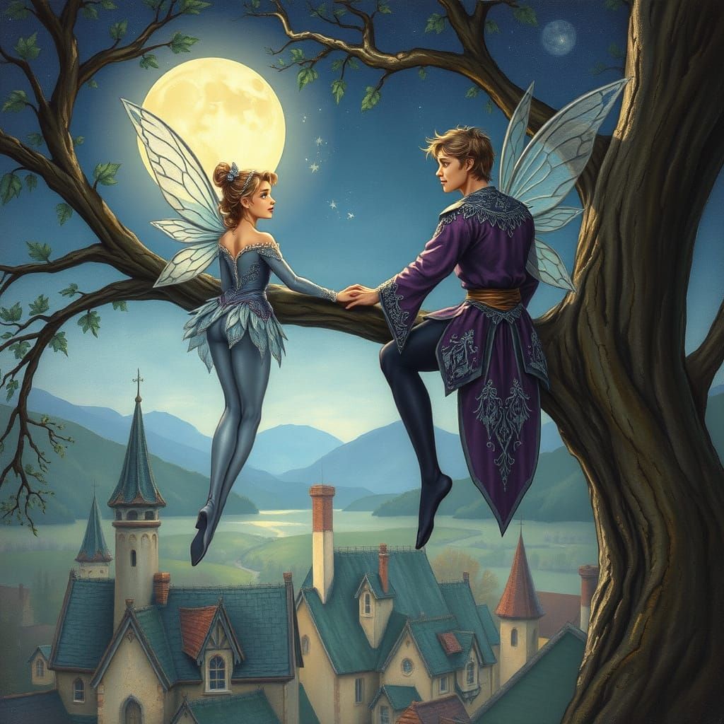 Fairy Couple in Moonlight, Whimsical Art Style