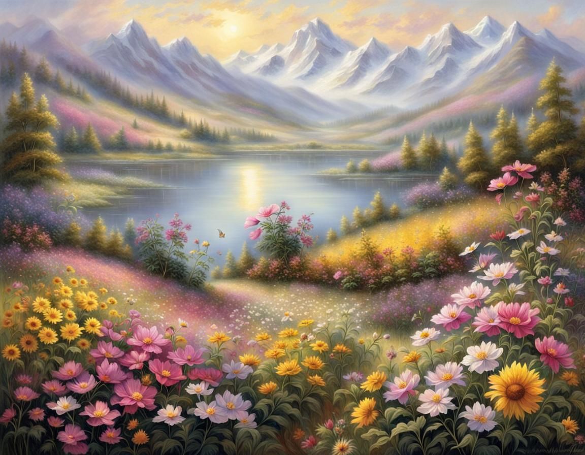 Ethereal Meadow with Wildflowers and Distant Mountains
