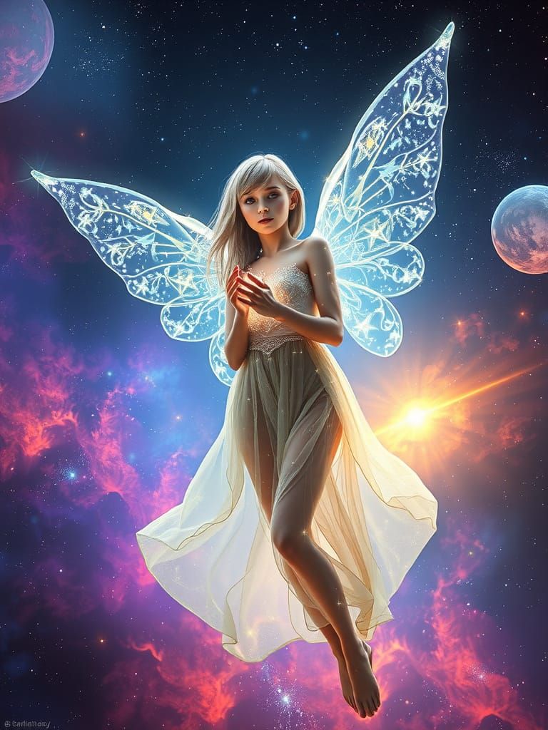 Cosmic Fairy Weaving Stars in Nebula: Concept Art