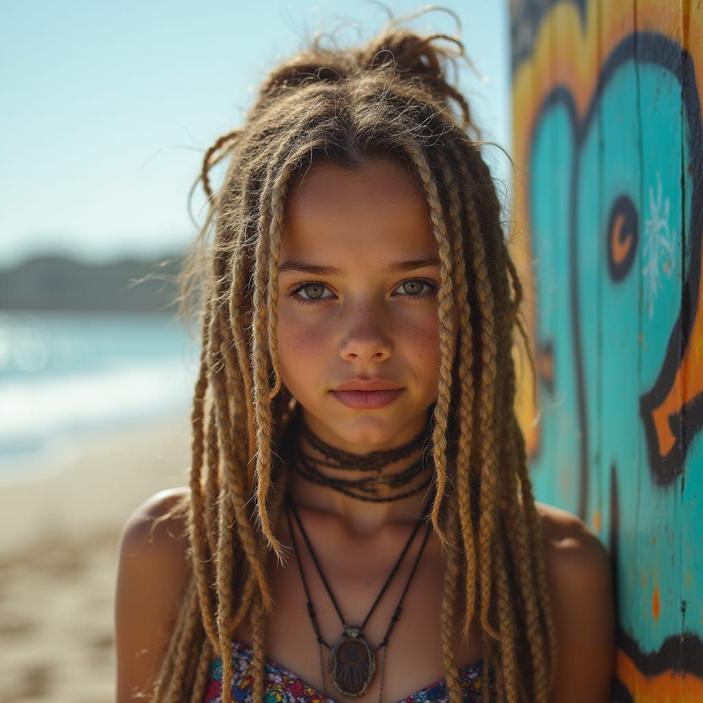 Girl with Dreadlocks Basks in Vibrant Beach Street Art
