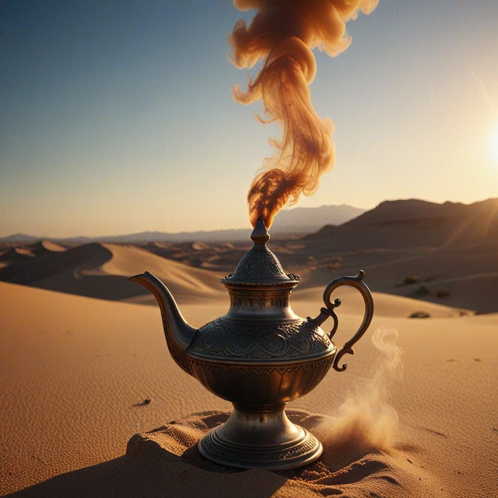 Genie Emerges from Lamp in Desert Sunset