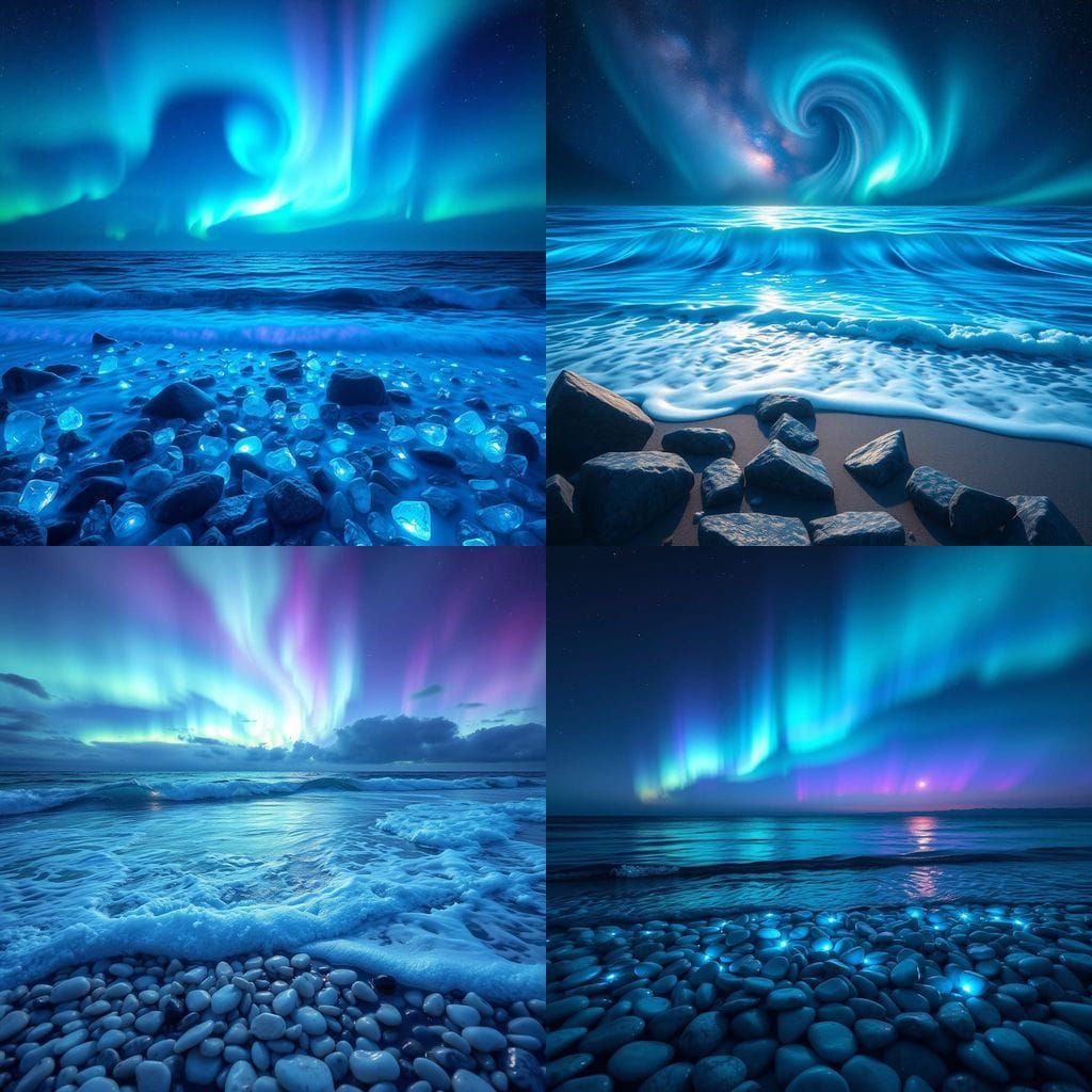 Ethereal Oceanic Dreamscape with Glowing Beach Stones and Au...