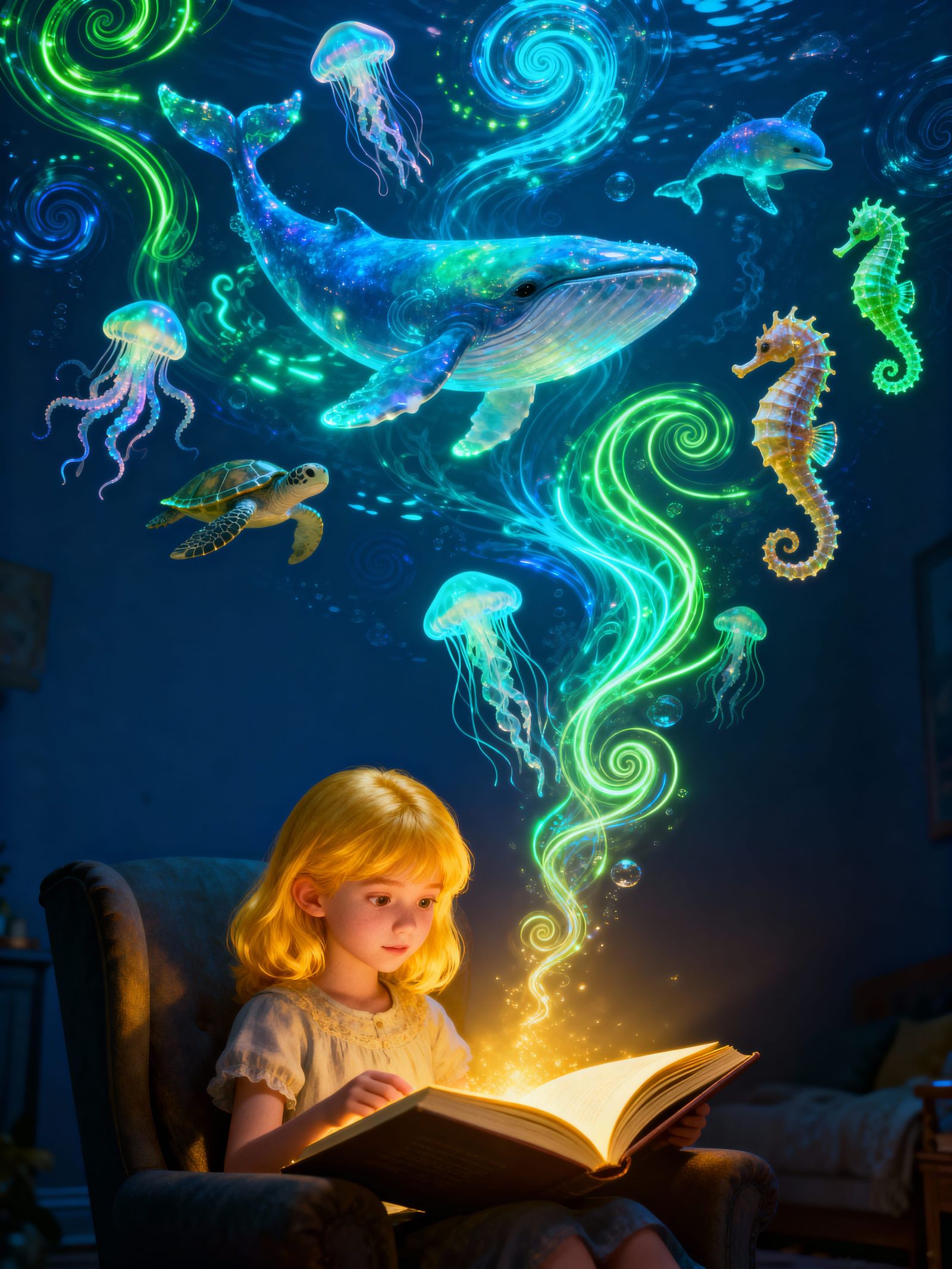 Girl Reading Book Surrounded by Glowing Sea Creatures