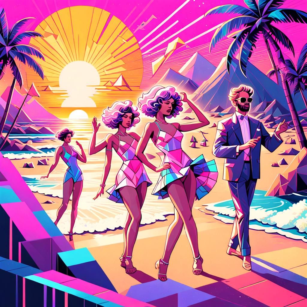 Vaporwave Paradise Beach at Golden Hour