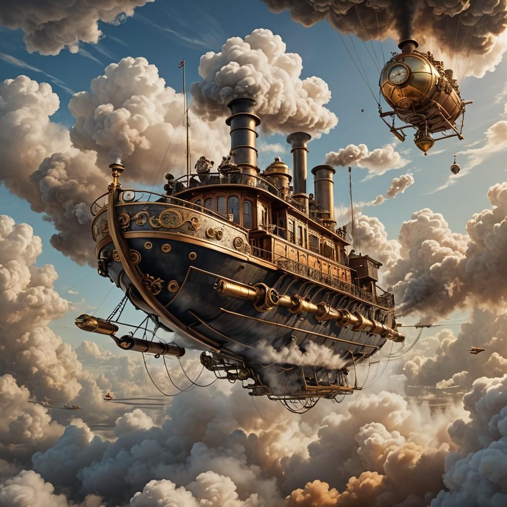 Steampunk Boat Soaring Through Clouds