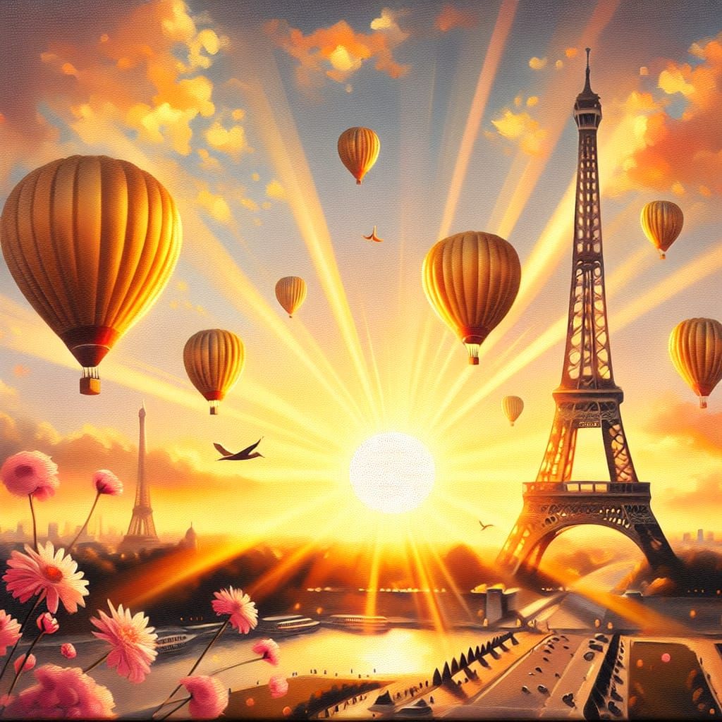 Sunset Radiance on Eiffel Tower with Golden Hot Air Balloons...