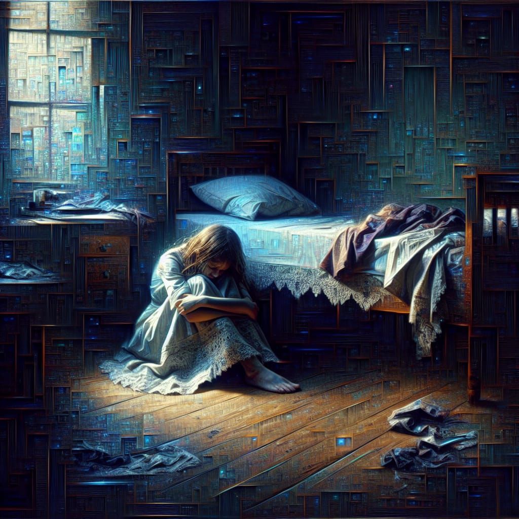 Girl in Despair: Emotive Realism Painting with Glitch Effect...