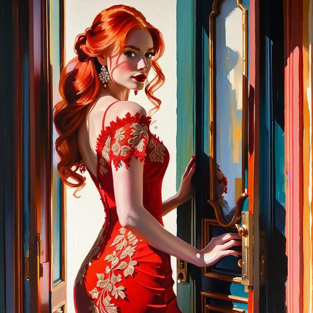 Redhead Woman in Doorway: Impressionist Gouache Portrait