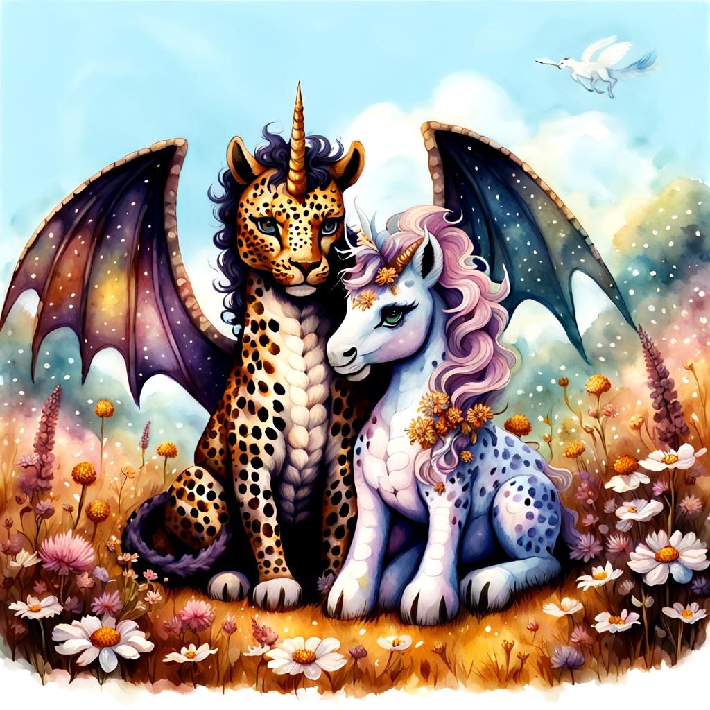 Fantasy Dragon and Unicorn Hug Watercolor Art