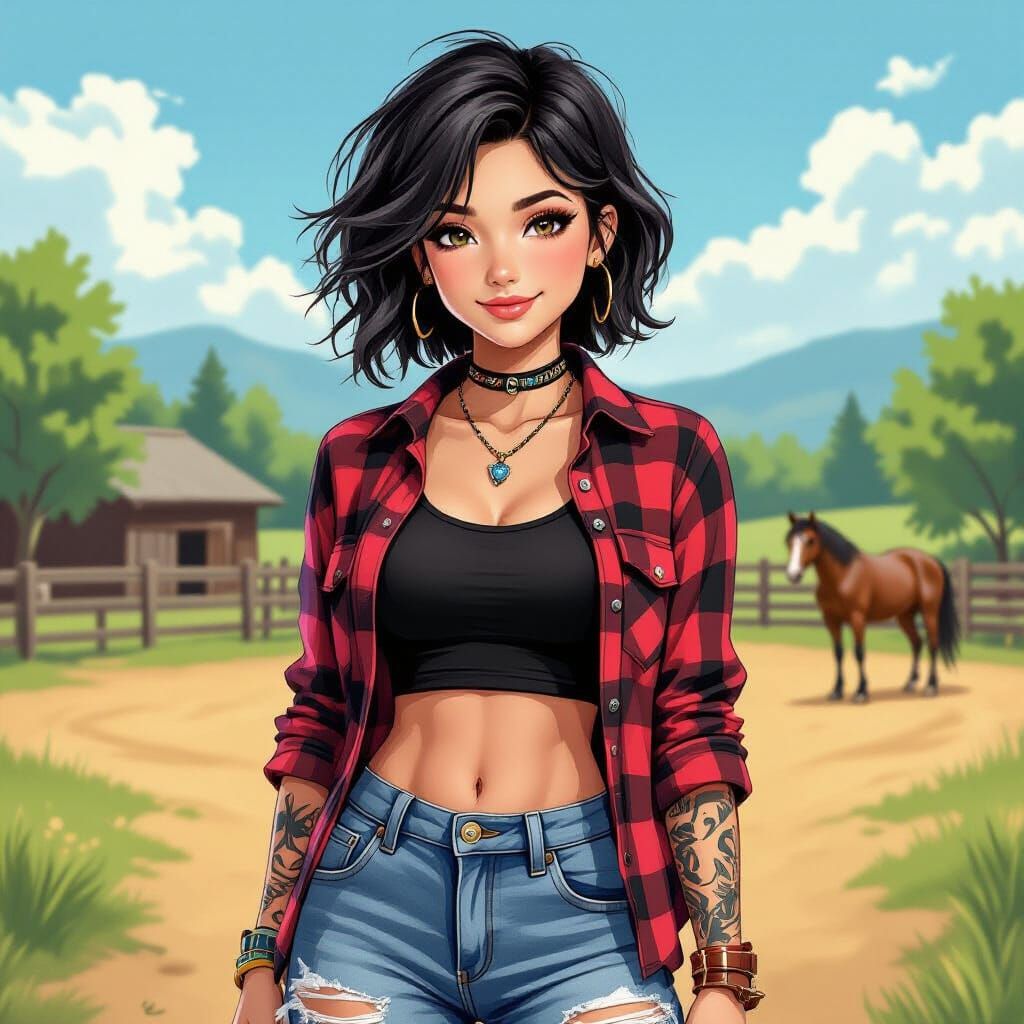 Beautiful Girl in Ranch Setting, Realistic Anime Style