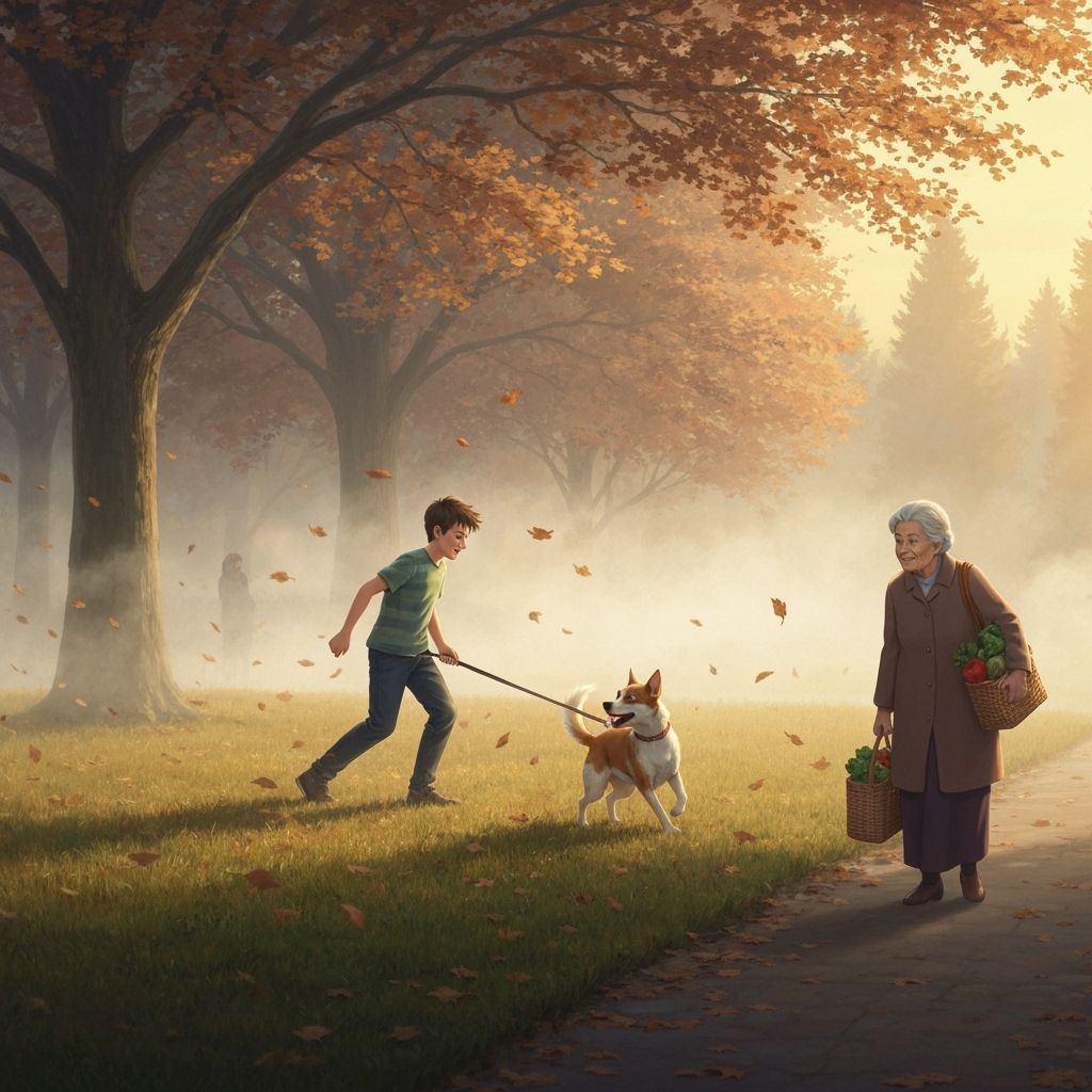 Boy and Dog in Windy Autumn Park with Golden Hour Light