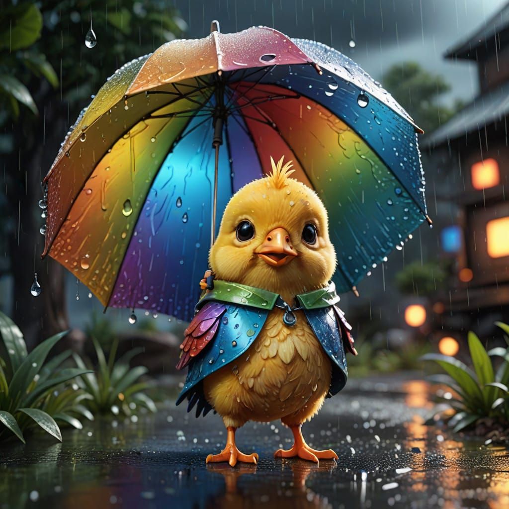 Baby Chick in a Rainy Landscape with Rainbow