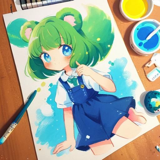 Cute Bear Girl in Gouache Painting
