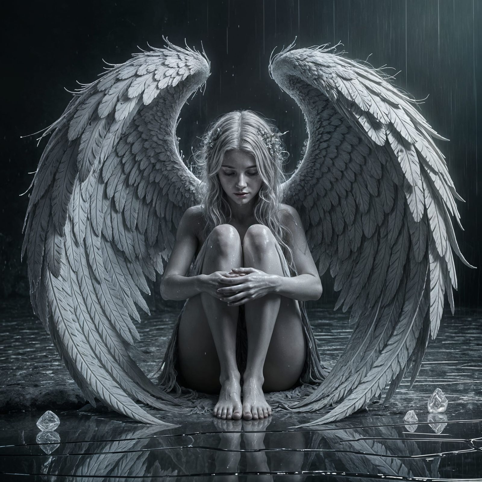 Melancholic Angel in Rainy, Surreal Environment