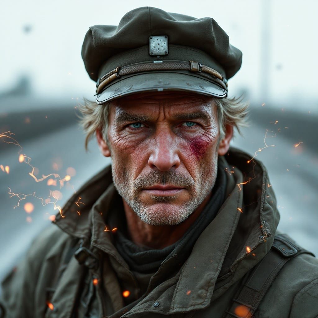 Battle-Scarred Warrior in Futuristic Military Attire