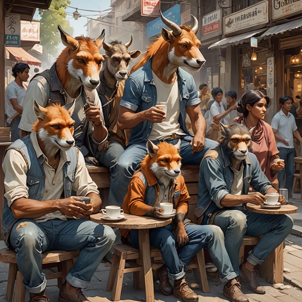 Animals Drinking Tea at Indian Street Shop