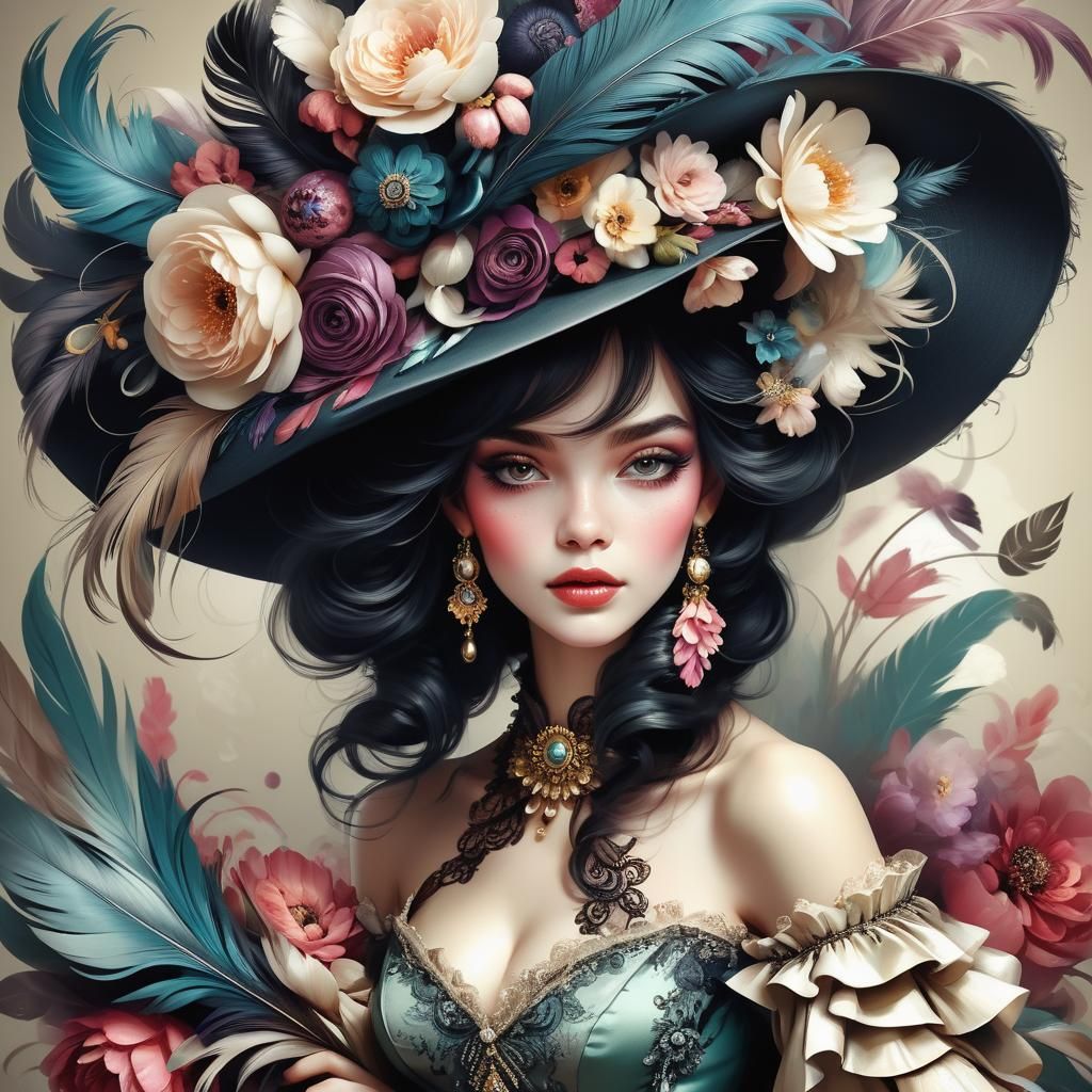 Baroque Woman with Floral Hat Illustration