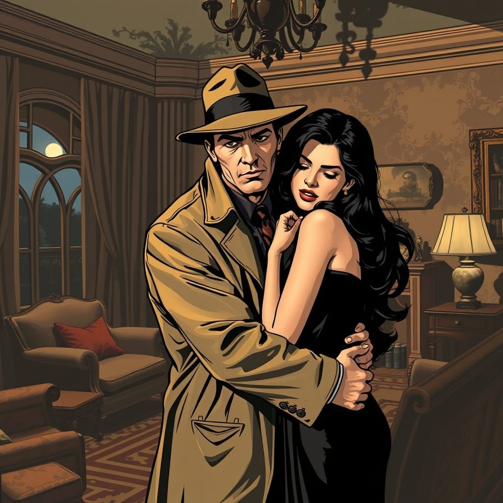 Detective Embraces Woman in Noir Comic Style