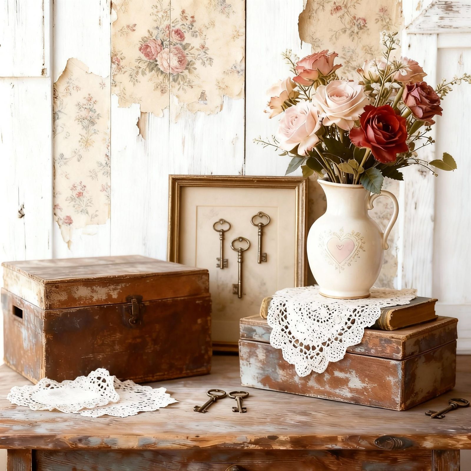 Shabby Chic Floral Decor with Hearts and Vases