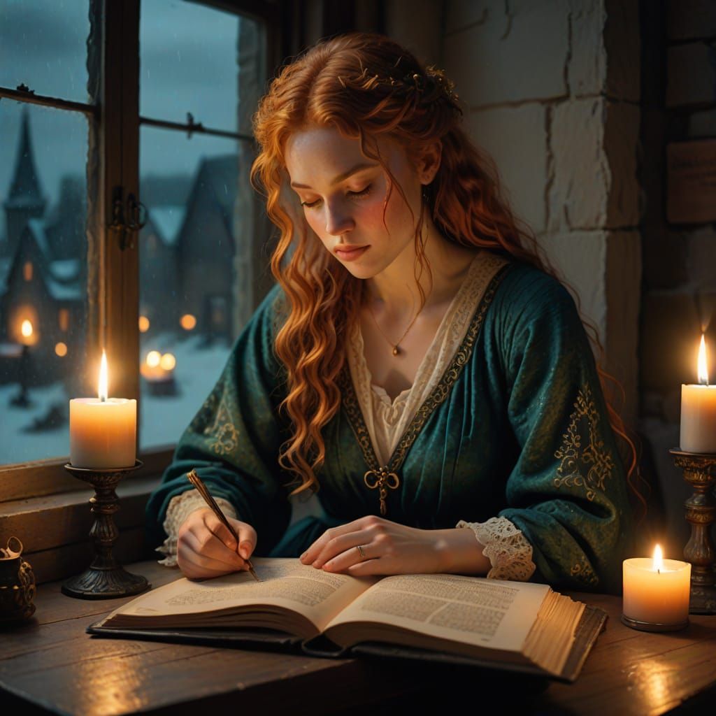 Norse Girl Reading by Candlelight: Hyperrealism