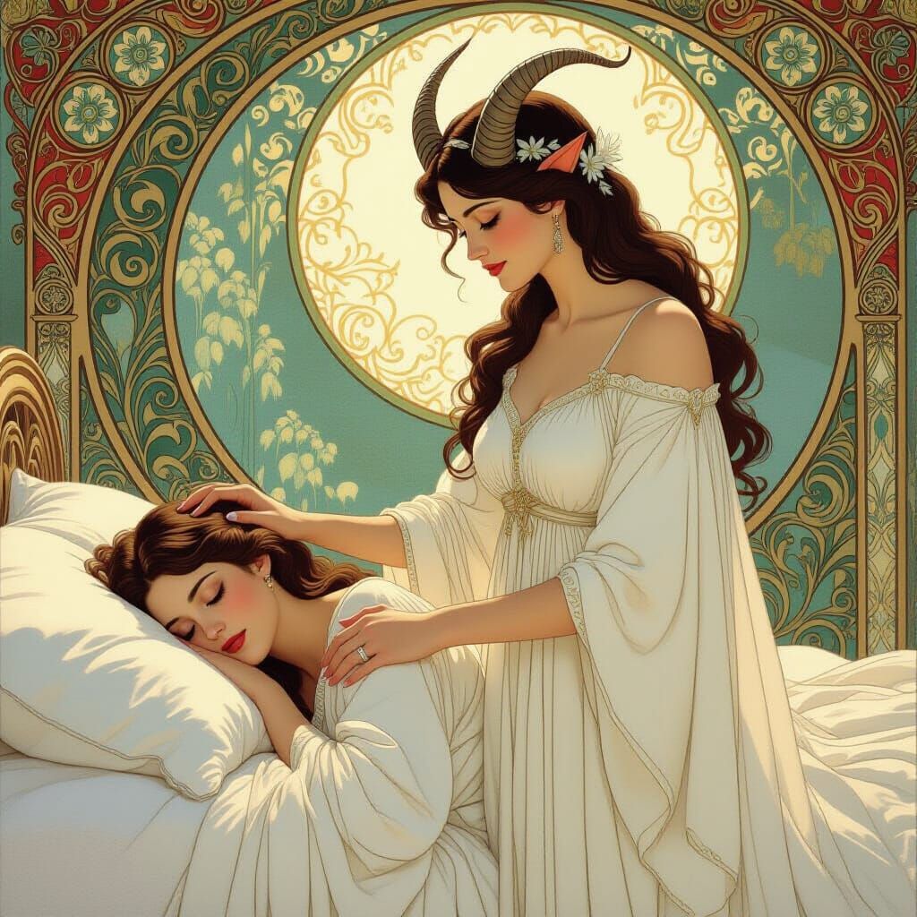 Ethereal Succubus Watches Over Sleeping Woman