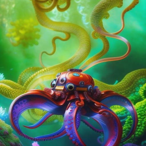 Silkpunk Mecha Octopus in Art Nouveau Style