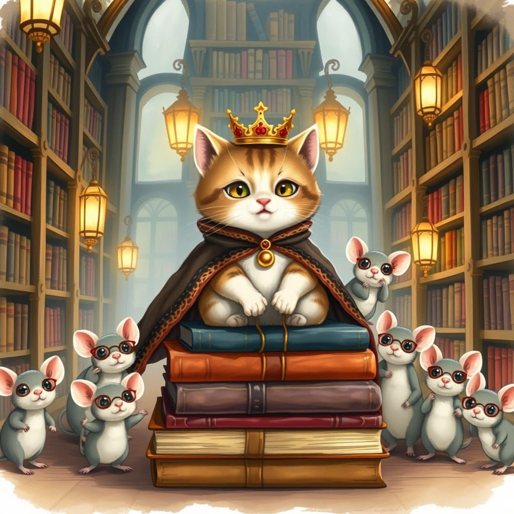 Whimsical Cat Royalty in Cozy Library Scene