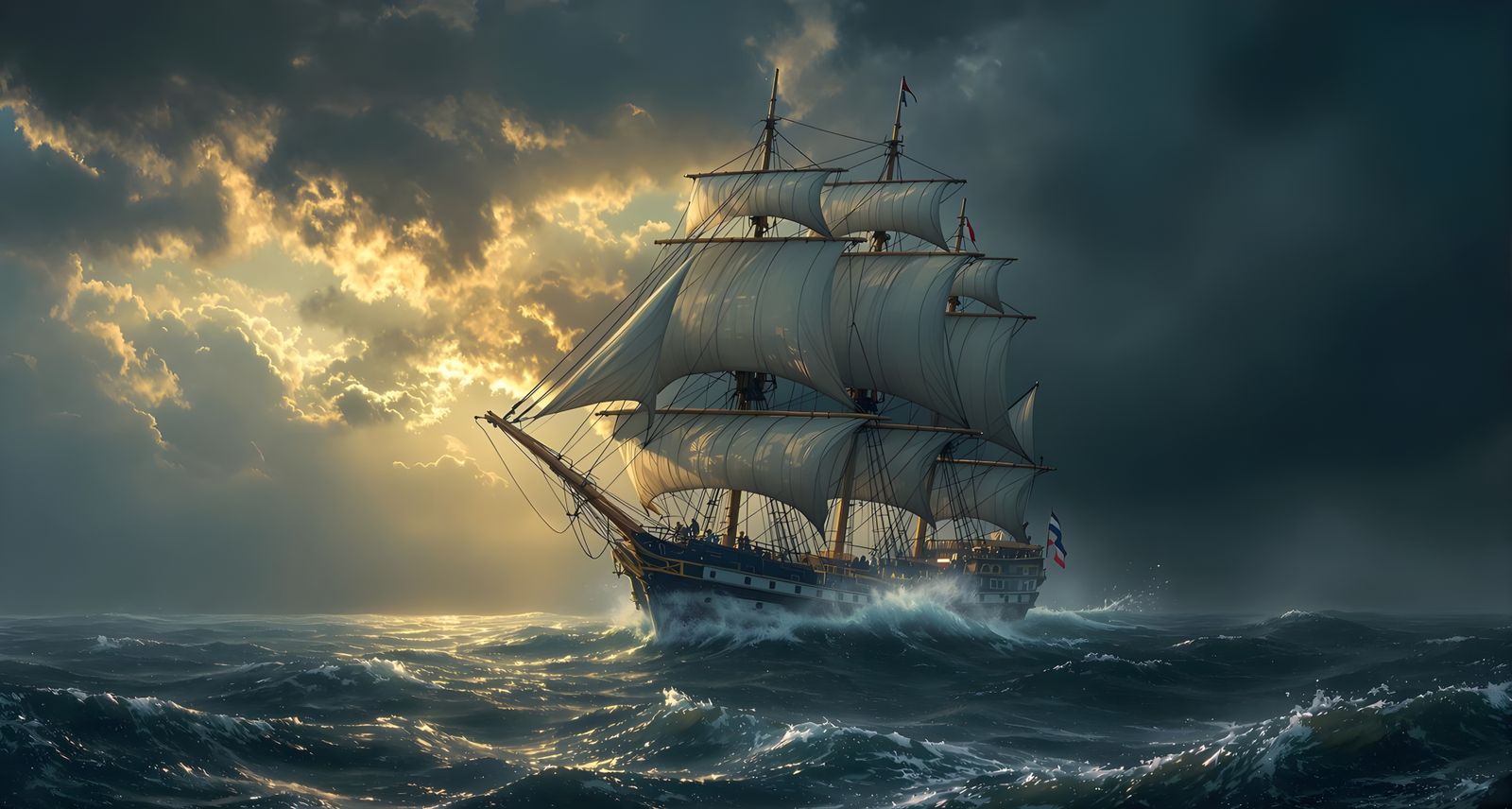 A Ship Plunges Through Turbulent Waters