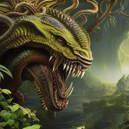 Gorgon in Wild Jungle: Surreal Hyperrealistic Painting