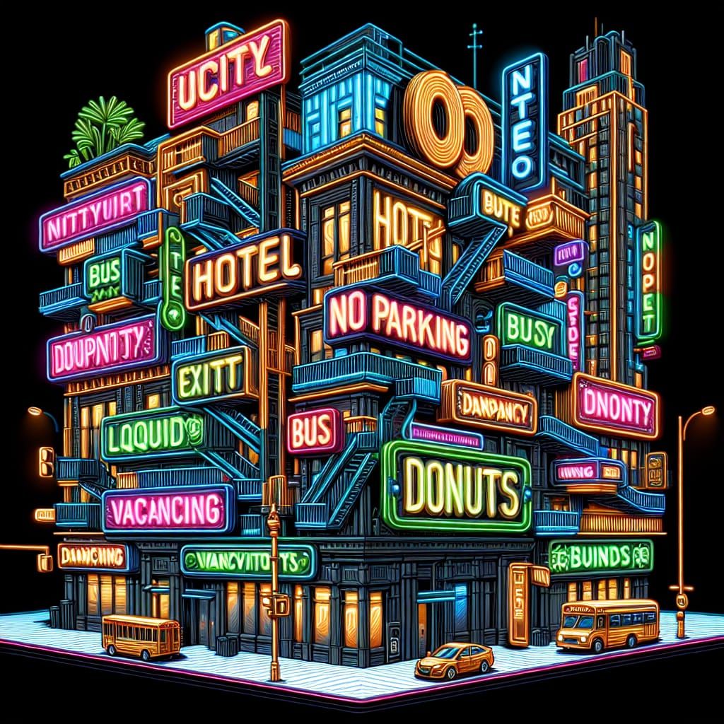 Vibrant 3D City Street Art with Neon Signs