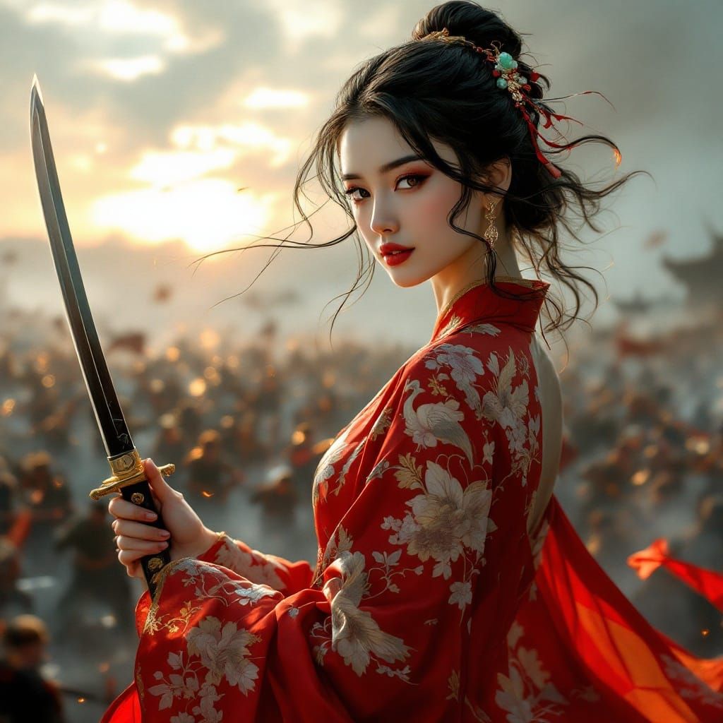 Elegant Asian Warrior in a Stormy Battlefield, Digital Paint...