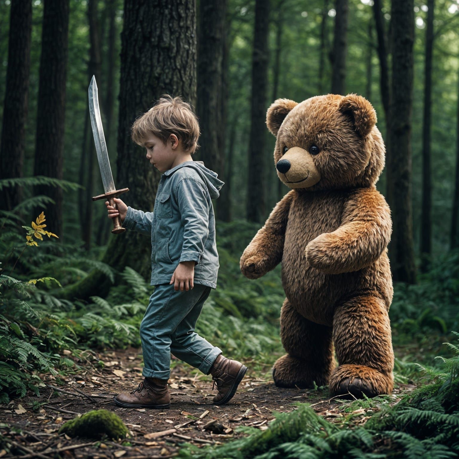 Child and Animate Teddy Bear in Woods