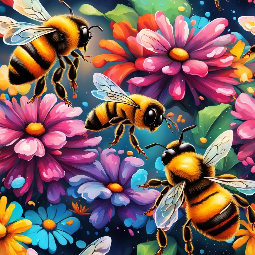 Honey Bees in Flight: Graffiti Art Style