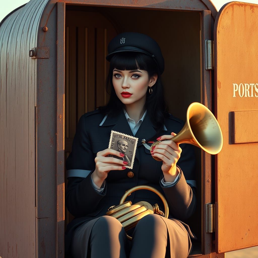 Elegant Postwoman in Gigantic Mailbox, Surreal Photorealism