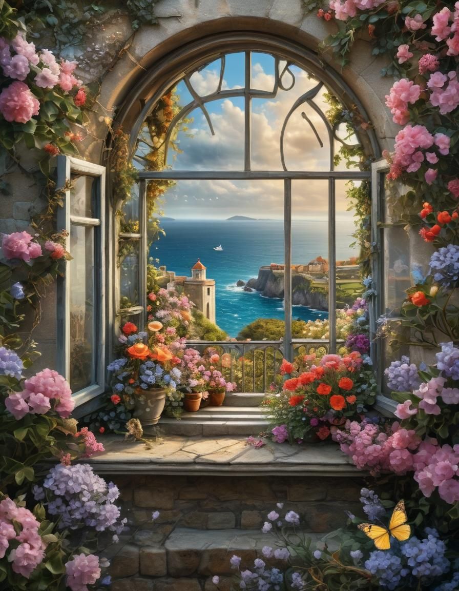 Magical Seascape Through Window in Fairy Tale Style