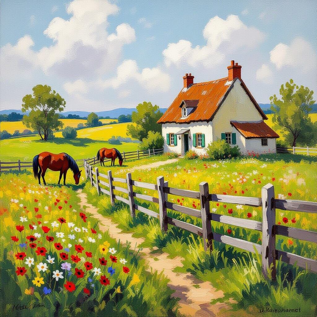 Idyllic Countryside Cottage with Grazing Horses, Impressioni...
