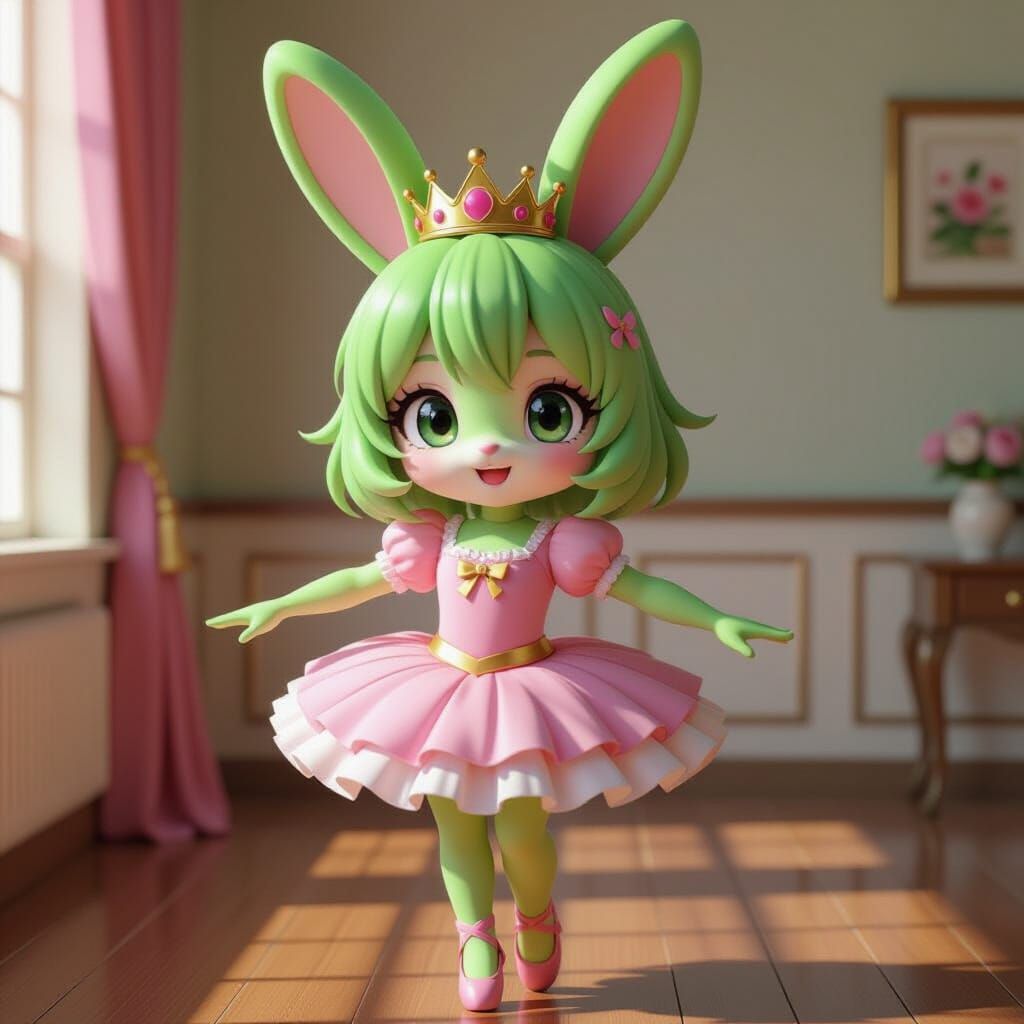 Green Bunny Ballerina with Crown, 3D Anime Style
