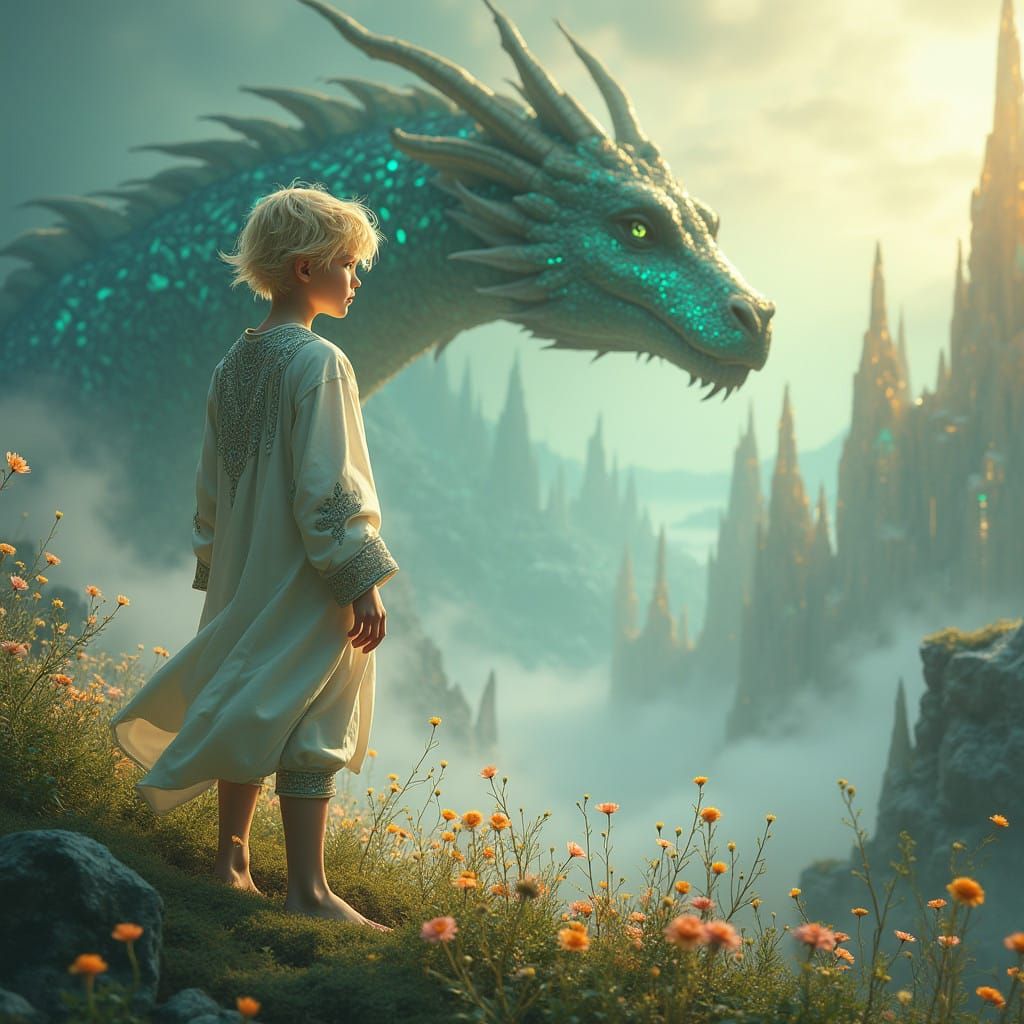 Elvish Boy Amidst Majestic Dragon in Dreamlike Landscape