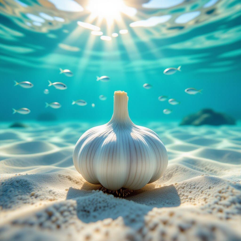 Garlic on Seabed with Silver Fish in Vibrant Underwater Ligh...