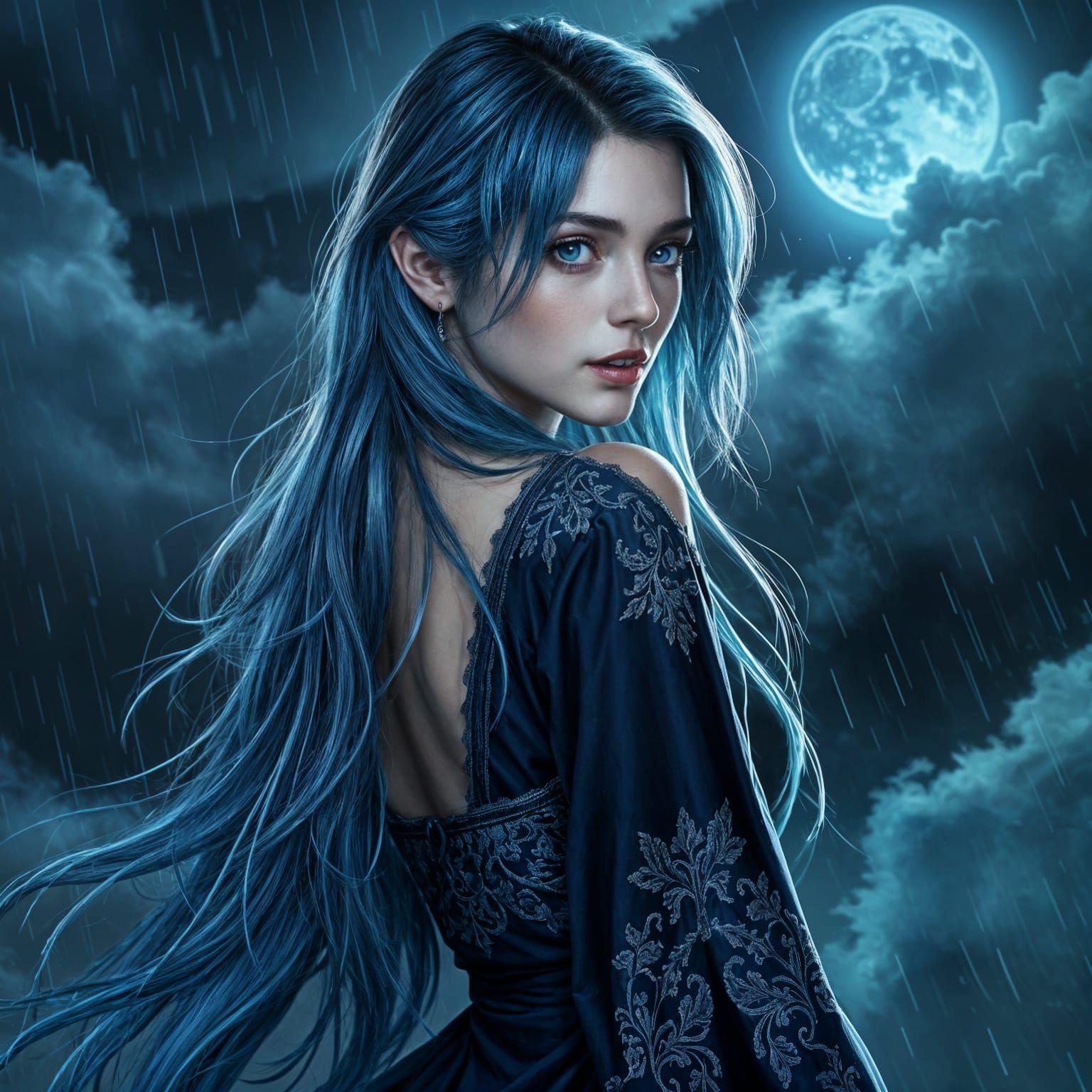 Mysterious Woman Under Nighttime Rain