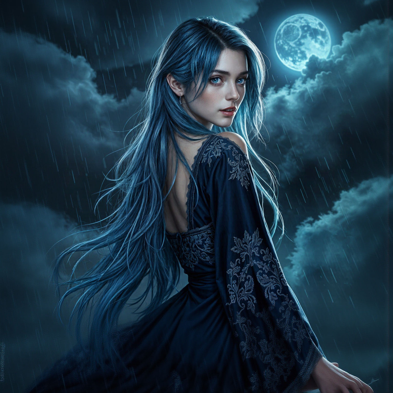 Mysterious Woman in Navy Blue, Smiling in the Rain