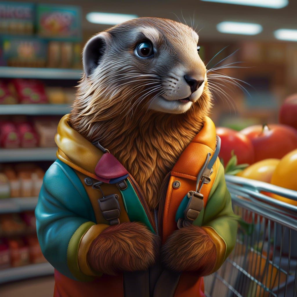 Hyperrealistic Marmot Working in Supermarket, Splash Art