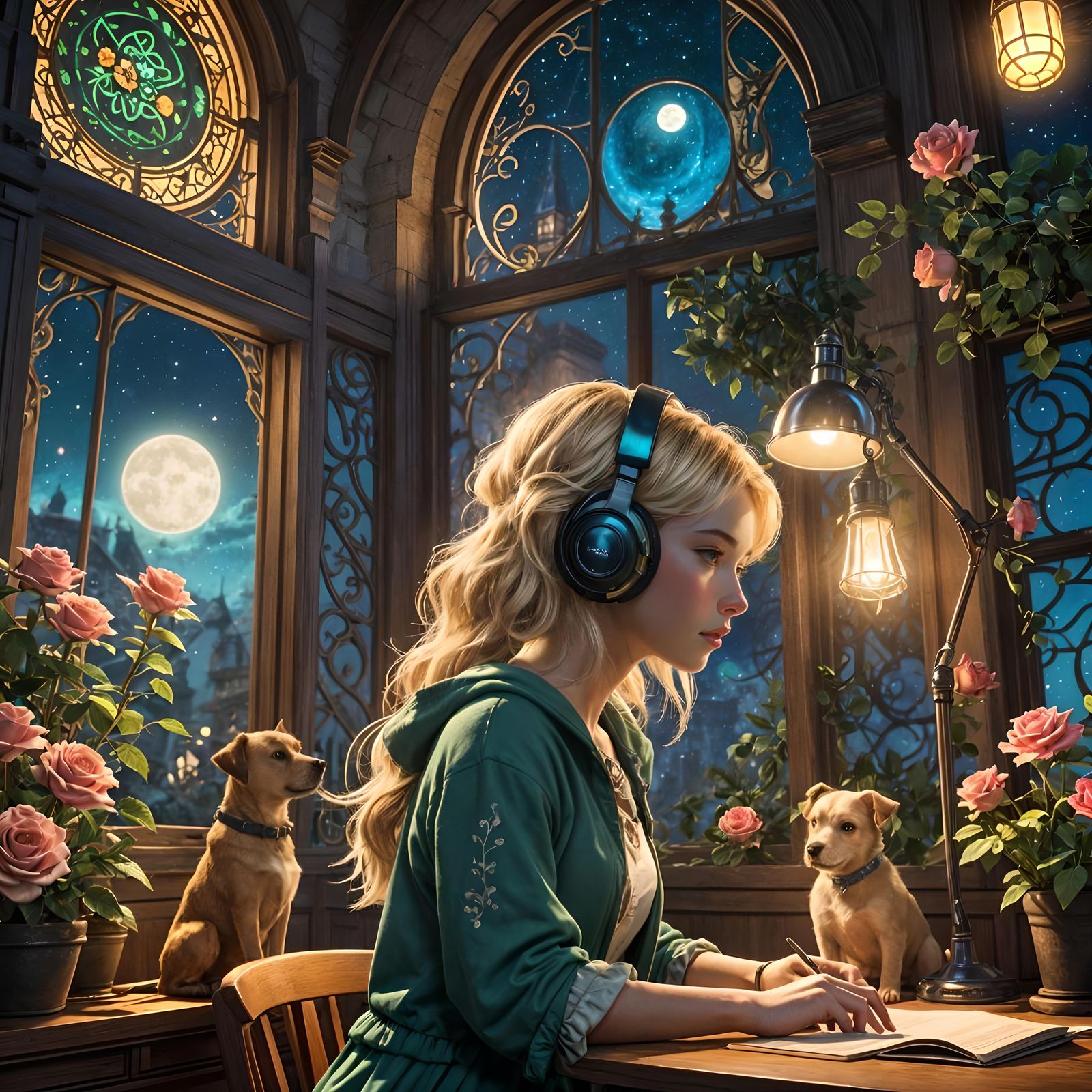 Lofi Girl Surrounded by Cosmic Whimsy Under Starry Night Ski...