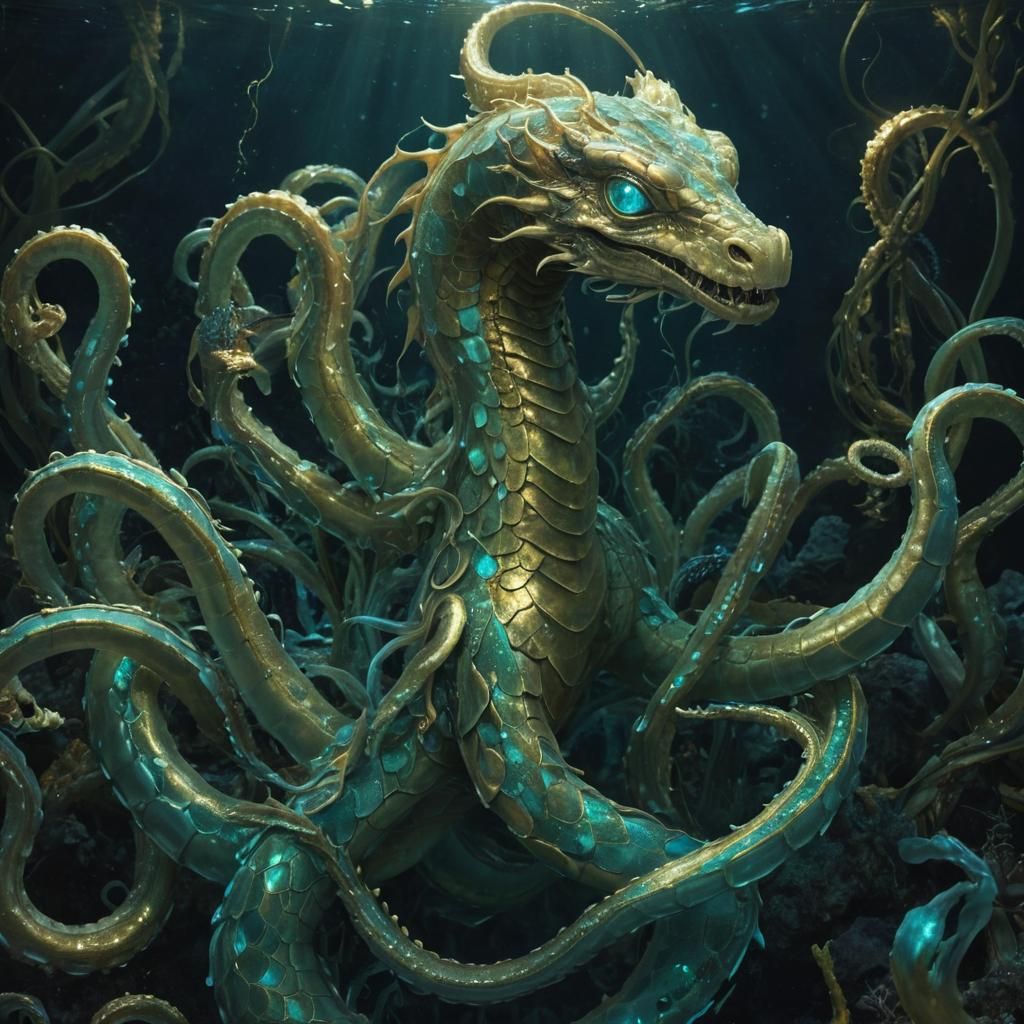 Bioluminescent Golden Hydra Fantasy Art