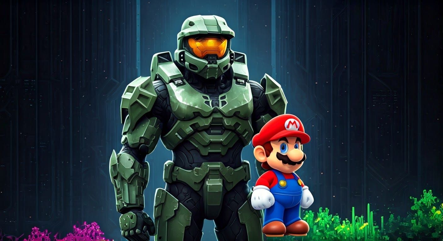 Master Chief and Mario in 8-bit World