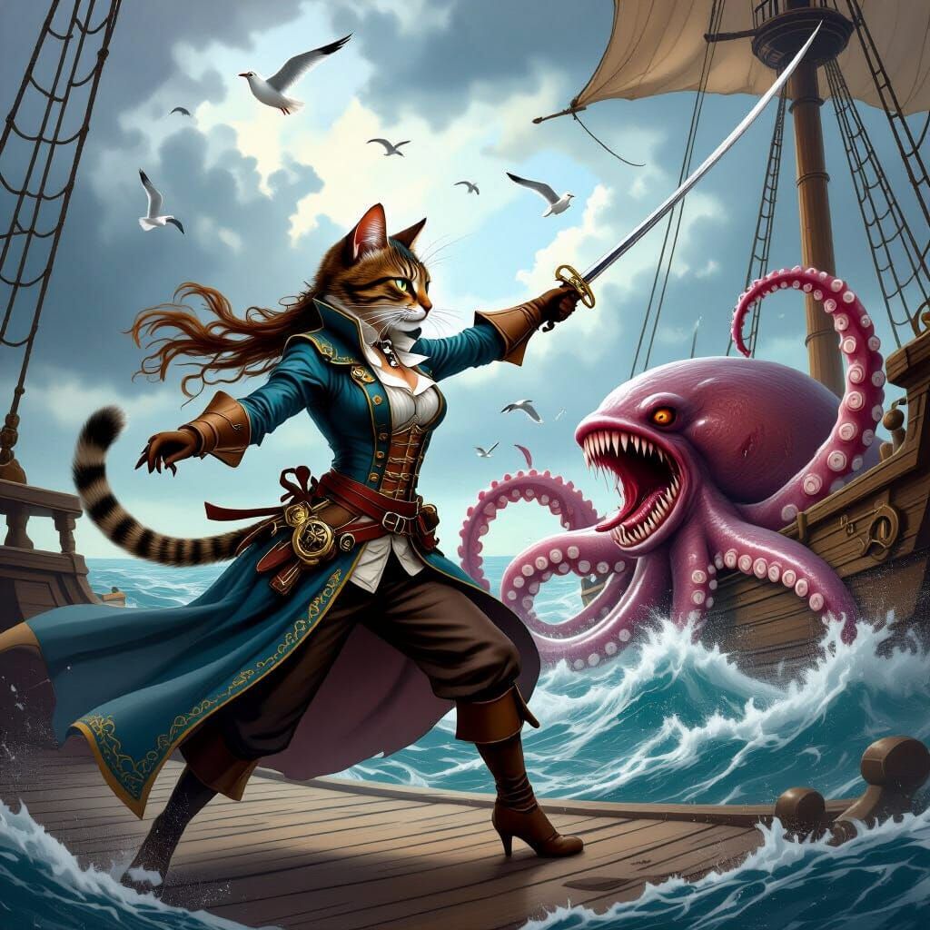 Cat Pirate Fights Kraken in Dramatic Storm