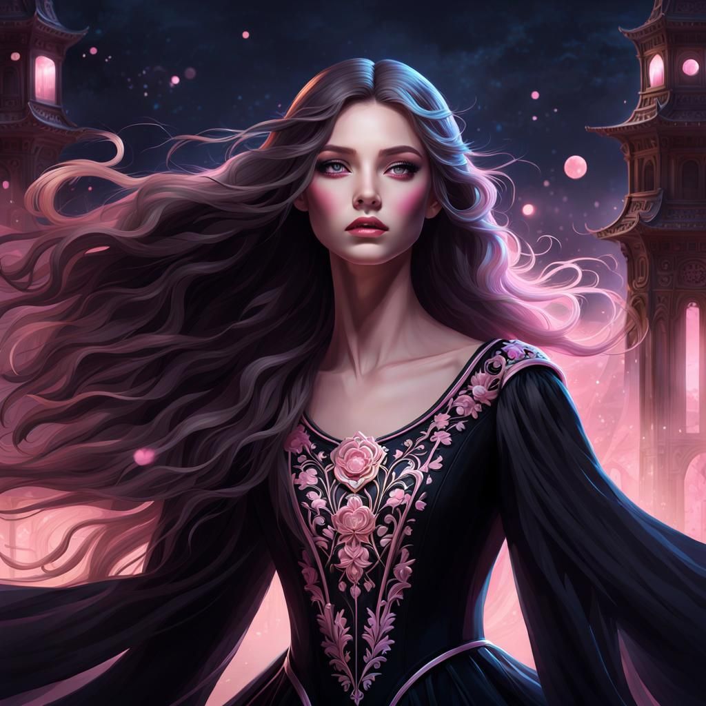 cute girl with long, flowing hair and a black with a pink glow